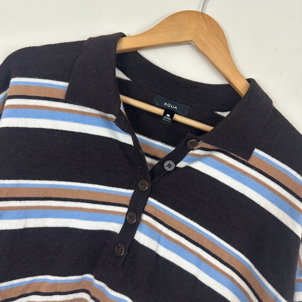 Aqua Rugby Top Brown Blue Striped Knit Academia Y2K Wear Womens Large